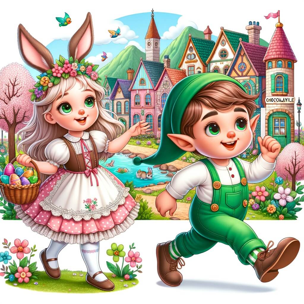 Une illustration pour enfants représentant une petite fille espiègle en quête du mystérieux Lapin de Pâques dans le charmant village de Chocolatville.