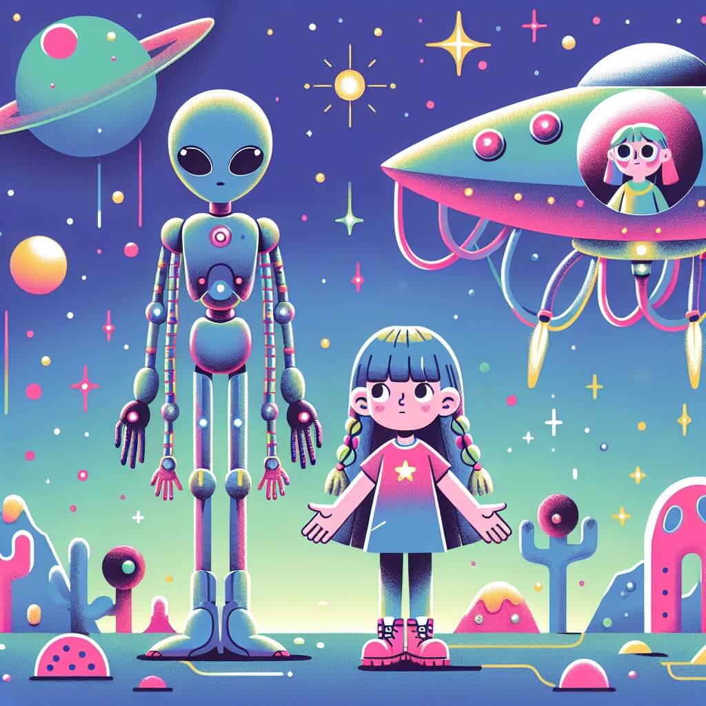 Une illustration destinée aux enfants représentant une petite fille curieuse, se tenant devant un vaisseau spatial étincelant, accompagnée d'un extraterrestre aux multiples bras, sur une planète lointaine aux couleurs chatoyantes et aux formes étranges.