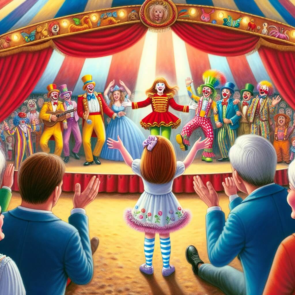 Une illustration destinée aux enfants représentant une petite fille émerveillée par un spectacle de cirque, accompagnée de ses parents, et se déroulant sous un grand chapiteau coloré rempli de clowns rigolos et d'artistes talentueux.