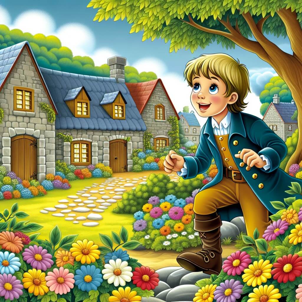 Une illustration destinée aux enfants représentant un petit garçon plein d'énergie, cherchant désespérément le cadeau parfait pour sa maman lors d'une journée ensoleillée dans un charmant village de Chantefleur, entouré de maisons en pierre et d'une forêt enchantée aux fleurs multicolores.