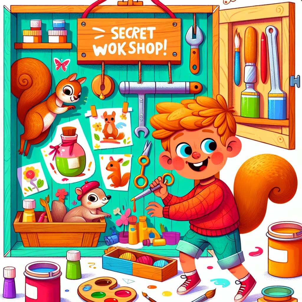 Une illustration destinée aux enfants représentant un petit garçon plein d'énergie et de curiosité, en train de créer un cadeau fait maison pour sa maman, avec l'aide d'un écureuil malicieux, dans un atelier secret rempli de pots de peinture, d'outils et de matériaux colorés.
