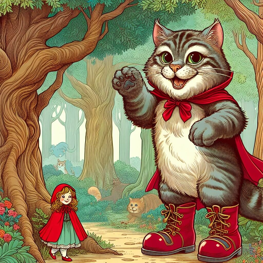 Une illustration destinée aux enfants représentant un félin malicieux, chaussé de bottes magiques, se tenant debout sur un arbre centenaire au cœur d'une forêt enchantée, accompagné d'une petite fille vêtue d'une cape rouge, dans un monde où les contes de fées classiques prennent vie.