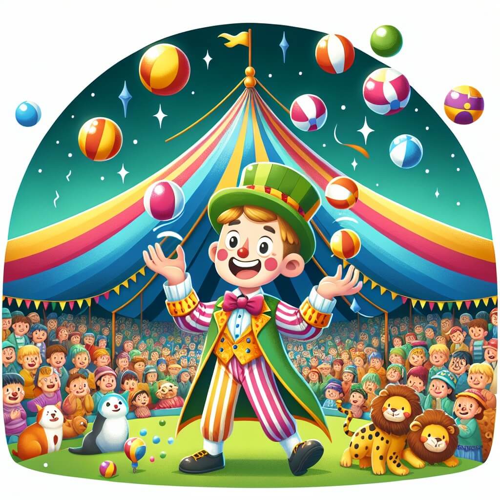 Une illustration destinée aux enfants représentant un petit garçon tout sourire, vêtu d'un costume coloré, jonglant avec des balles sous le grand chapiteau du Cirque Extraordinaire, entouré d'animaux exotiques et de spectateurs émerveillés.