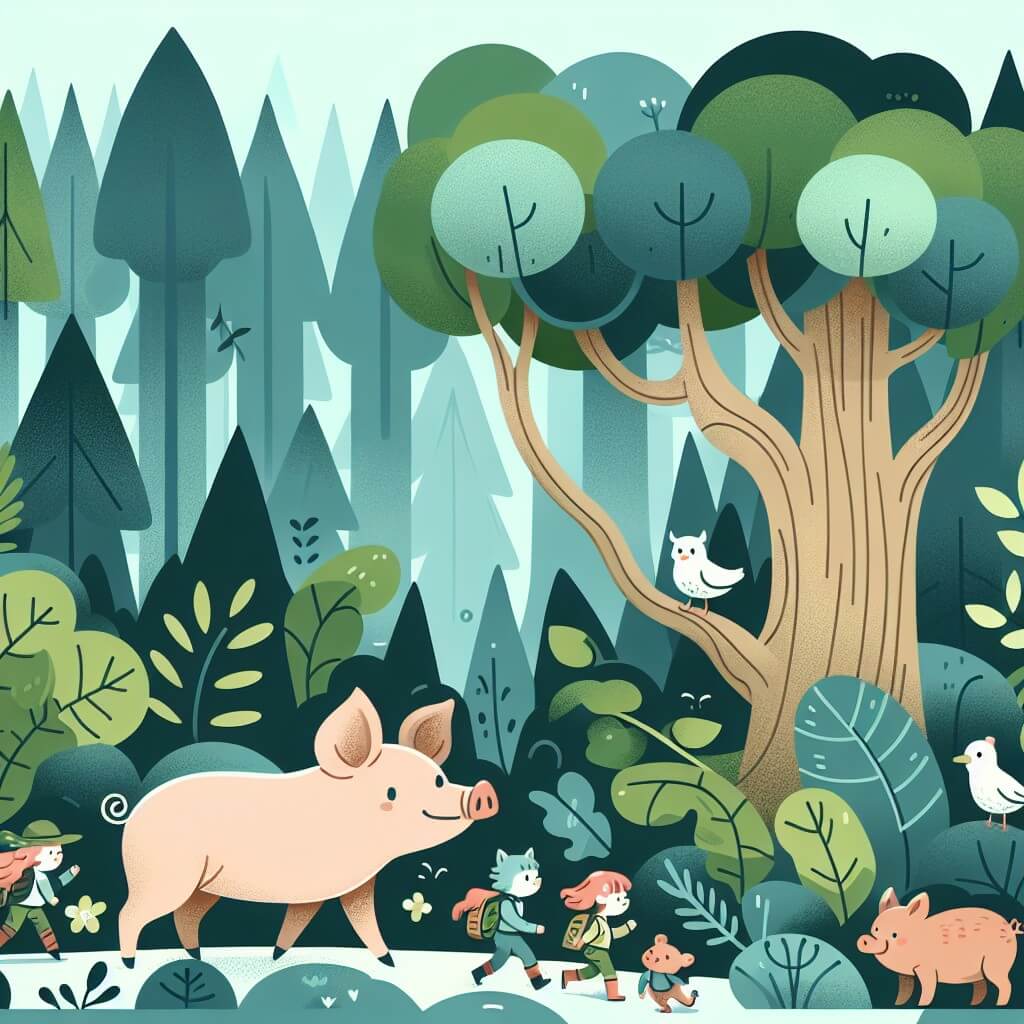 Une illustration destinée aux enfants représentant un adorable cochon aventurier, accompagné d'un groupe d'animaux, explorant une forêt mystérieuse aux arbres touffus et majestueux.