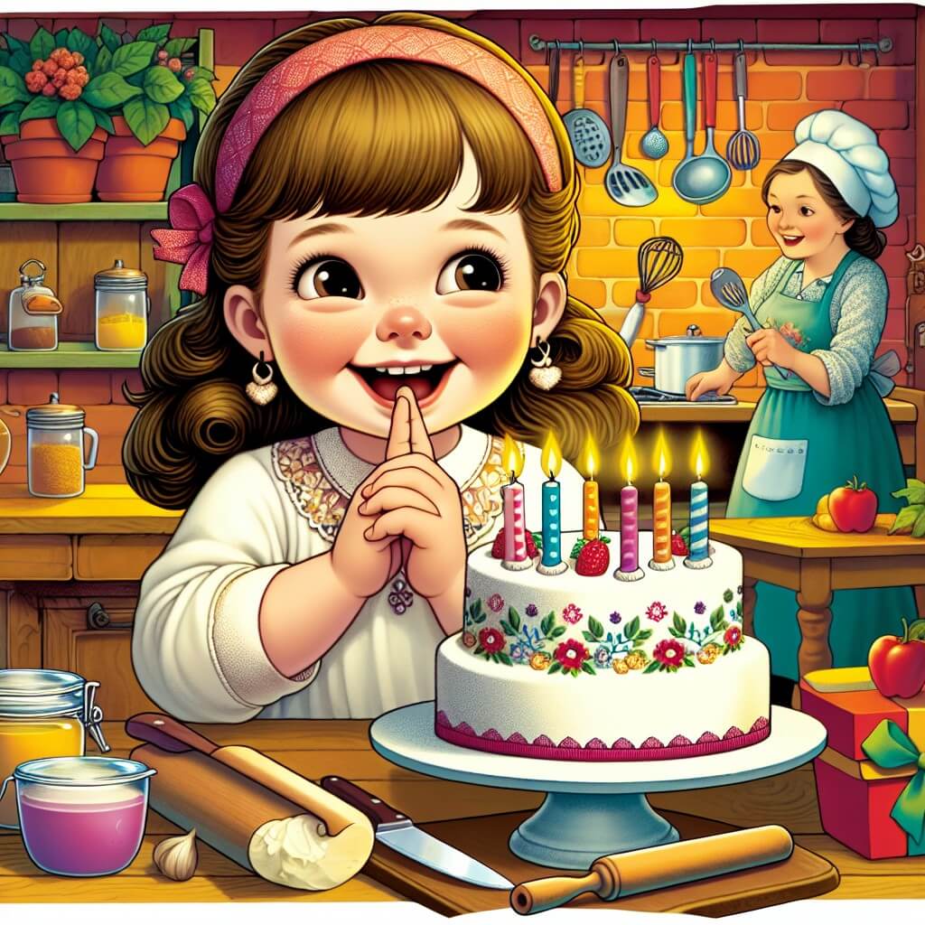Une illustration destinée aux enfants représentant une petite fille pleine d'enthousiasme, préparant un gâteau d'anniversaire secret, accompagnée de sa maman bienveillante, dans une cuisine chaleureuse et colorée remplie d'ustensiles de cuisine et d'odeurs alléchantes.