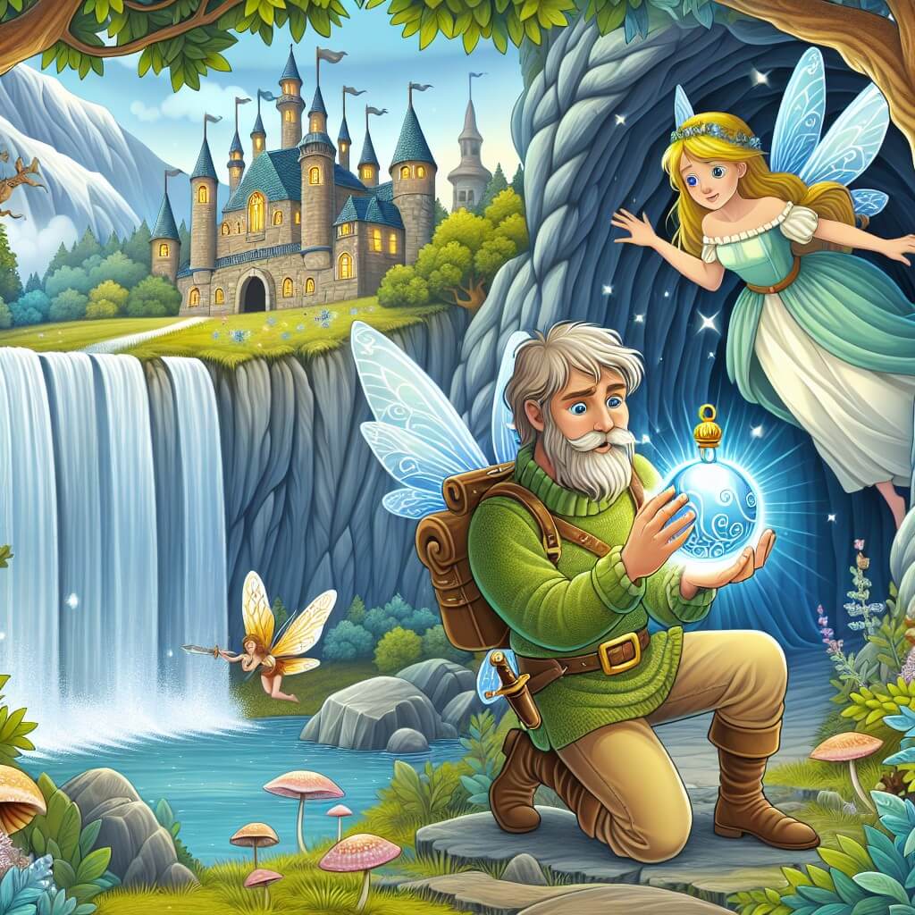 Une illustration destinée aux enfants représentant un homme solitaire et courageux, découvrant une amulette magique dans une grotte mystérieuse cachée derrière une cascade, accompagné d'une fée bienveillante, dans un royaume enchanteur rempli de créatures magiques et de paysages féeriques.