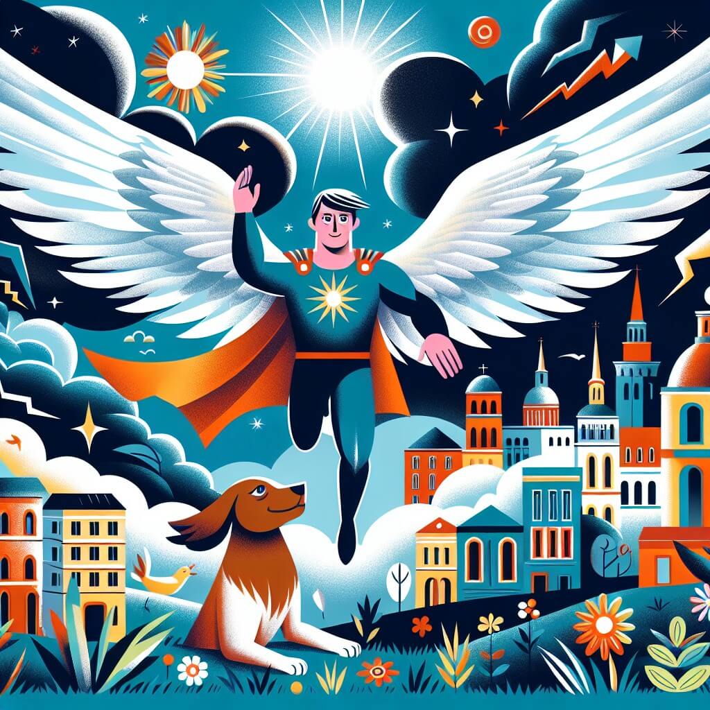 Une illustration destinée aux enfants représentant un homme aux ailes majestueuses volant au-dessus d'une ville colorée, accompagné d'un fidèle chien, dans un monde où les nuages sombres menacent la paix et où le héros doit protéger les habitants avec courage et détermination.