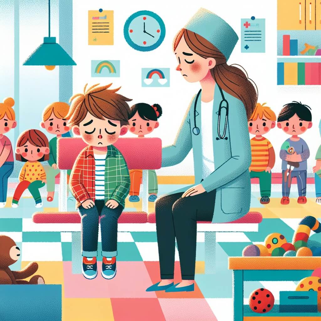 Une illustration destinée aux enfants représentant un petit garçon courageux, confronté à une maladie, accompagné de sa maman bienveillante, dans une clinique colorée remplie d'autres enfants attendants leur tour, avec des jouets et des livres pour les distraire.