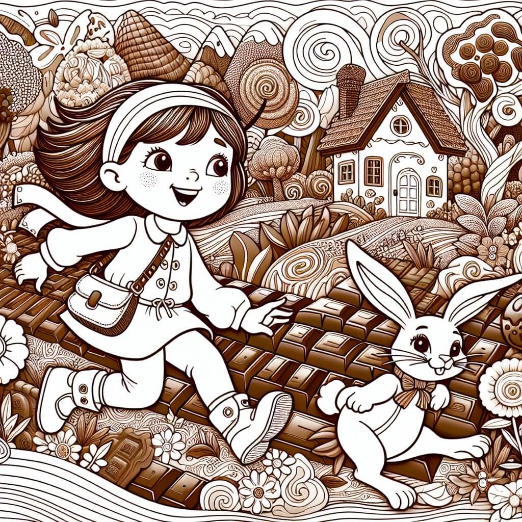 Une illustration destinée aux enfants représentant une petite fille curieuse et pleine d'énergie, se retrouvant dans un paysage féerique en chocolat, accompagnée d'un adorable lapin en chef, à la recherche des mystérieux voleurs de chocolats, dans le merveilleux pays du chocolat où les arbres, les fleurs et les maisons scintillent de gourmandise.