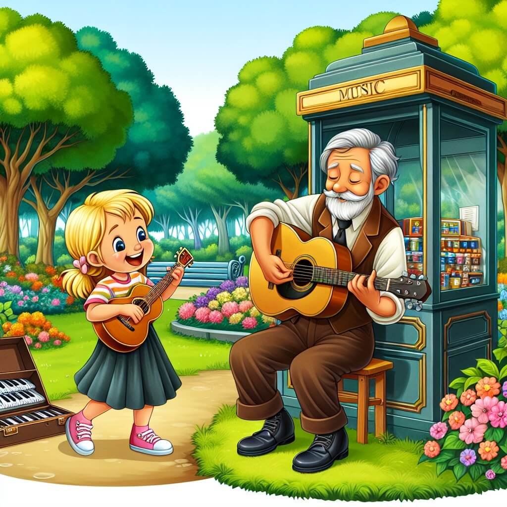 Une illustration destinée aux enfants représentant une petite fille aux cheveux blonds, pleine de vie, qui découvre son talent caché pour la musique grâce à un vieux musicien qui joue de la guitare passionnément près d'un kiosque à musique dans un parc verdoyant, rempli d'arbres majestueux et de fleurs colorées.