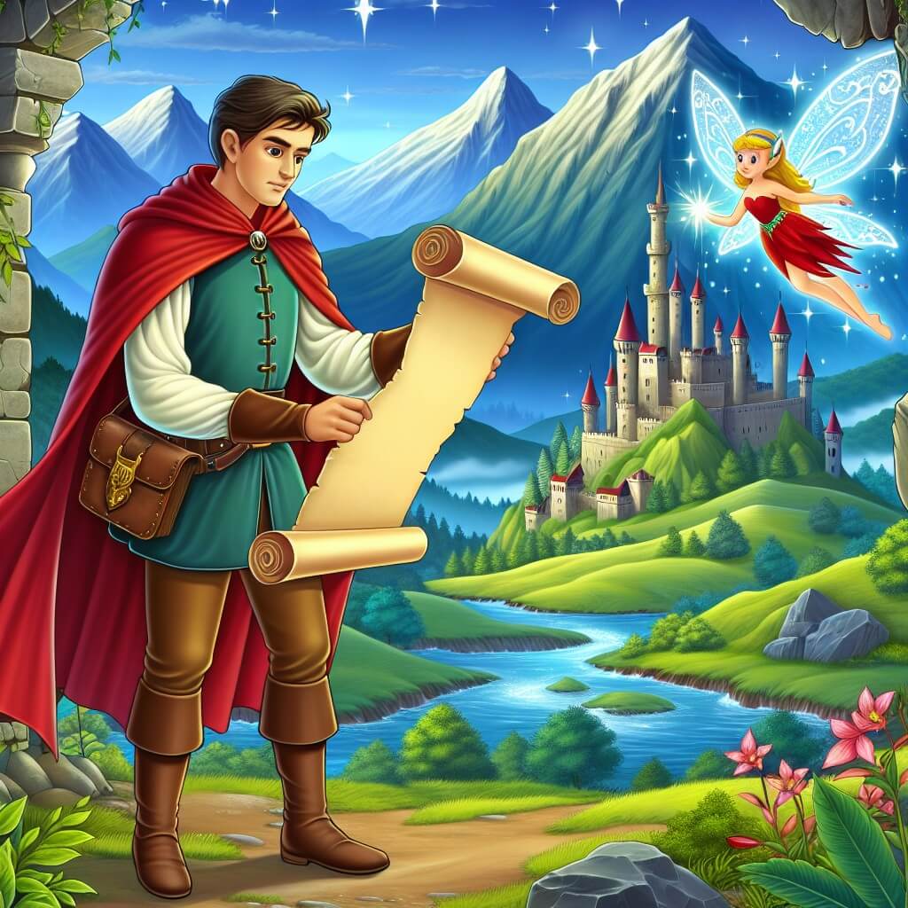 Une illustration destinée aux enfants représentant un homme intrépide, vêtu d'une cape écarlate, découvrant un parchemin ancien dans les ruines d'un château, accompagné d'une fée étincelante, dans un paysage enchanteur d'une vallée verdoyante entourée de montagnes majestueuses et de rivières scintillantes.