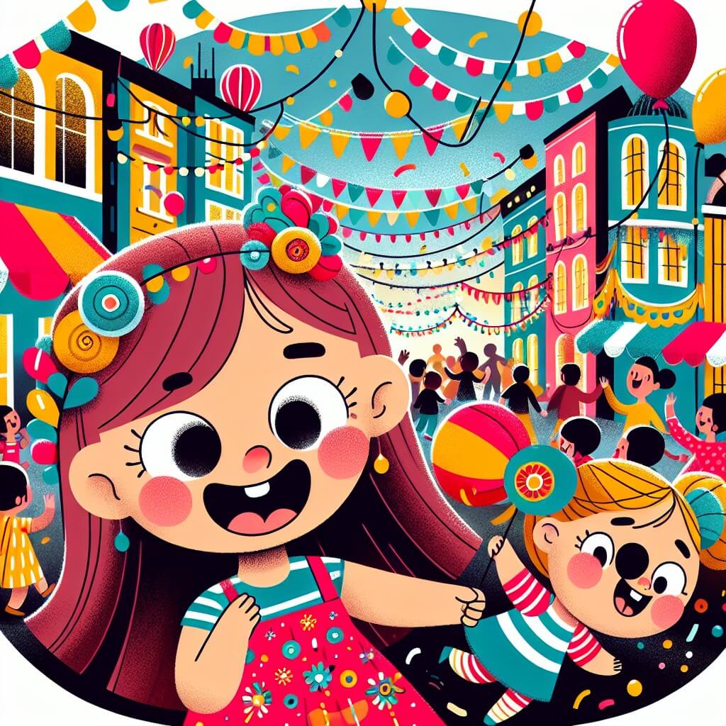 Une illustration destinée aux enfants représentant une petite fille pleine d'enthousiasme, plongée dans une ambiance festive et colorée du carnaval, accompagnée d'un ami inséparable, dans les rues animées d'une ville décorée de guirlandes, de ballons et de confettis.