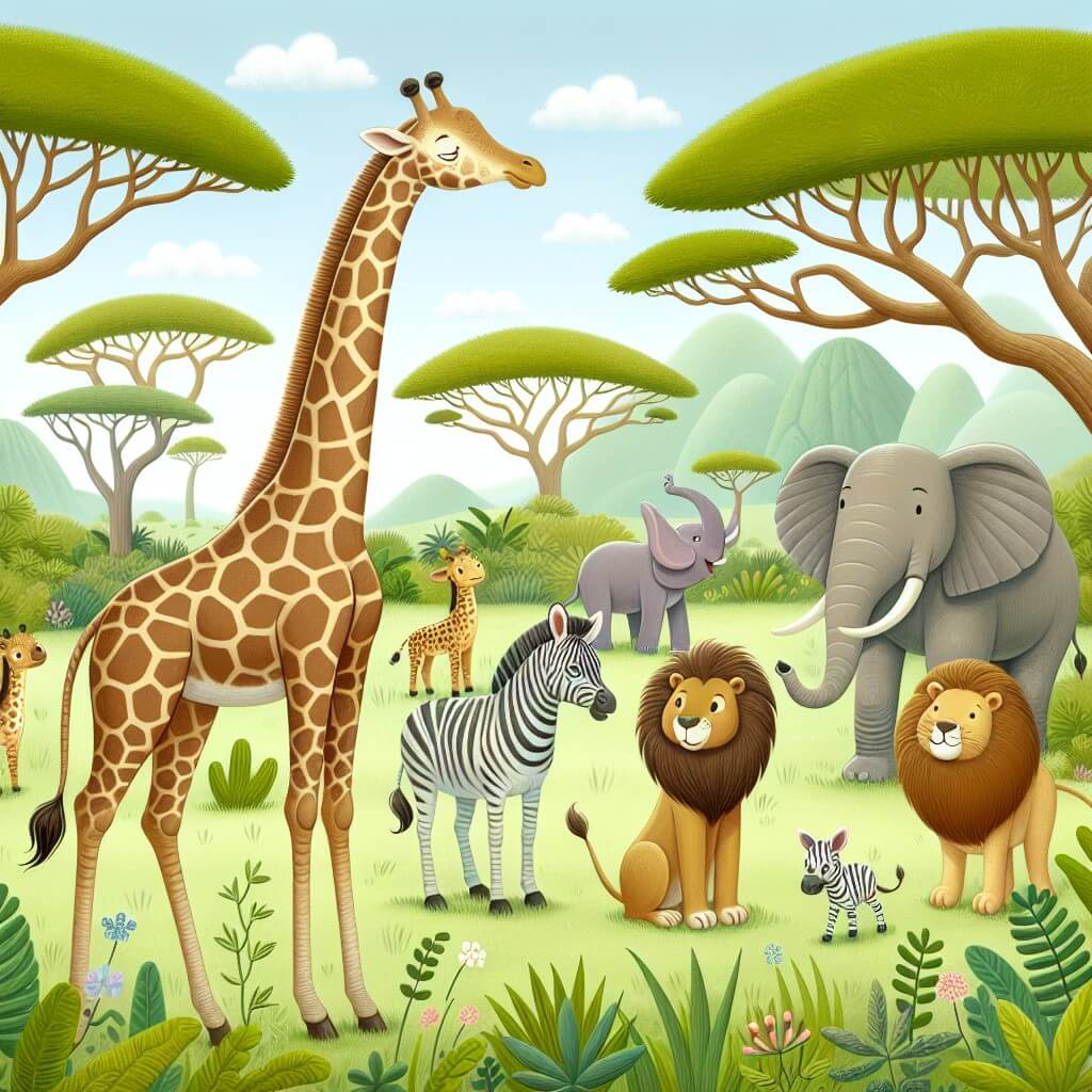 Une illustration destinée aux enfants représentant une élégante girafe aux longues jambes, émerveillée par la diversité des animaux de la savane africaine, entourée d'amis tels qu'un lion majestueux, un zèbre rayé et une éléphante gracieuse, dans un paysage luxuriant composé d'herbes vertes et de majestueux baobabs.