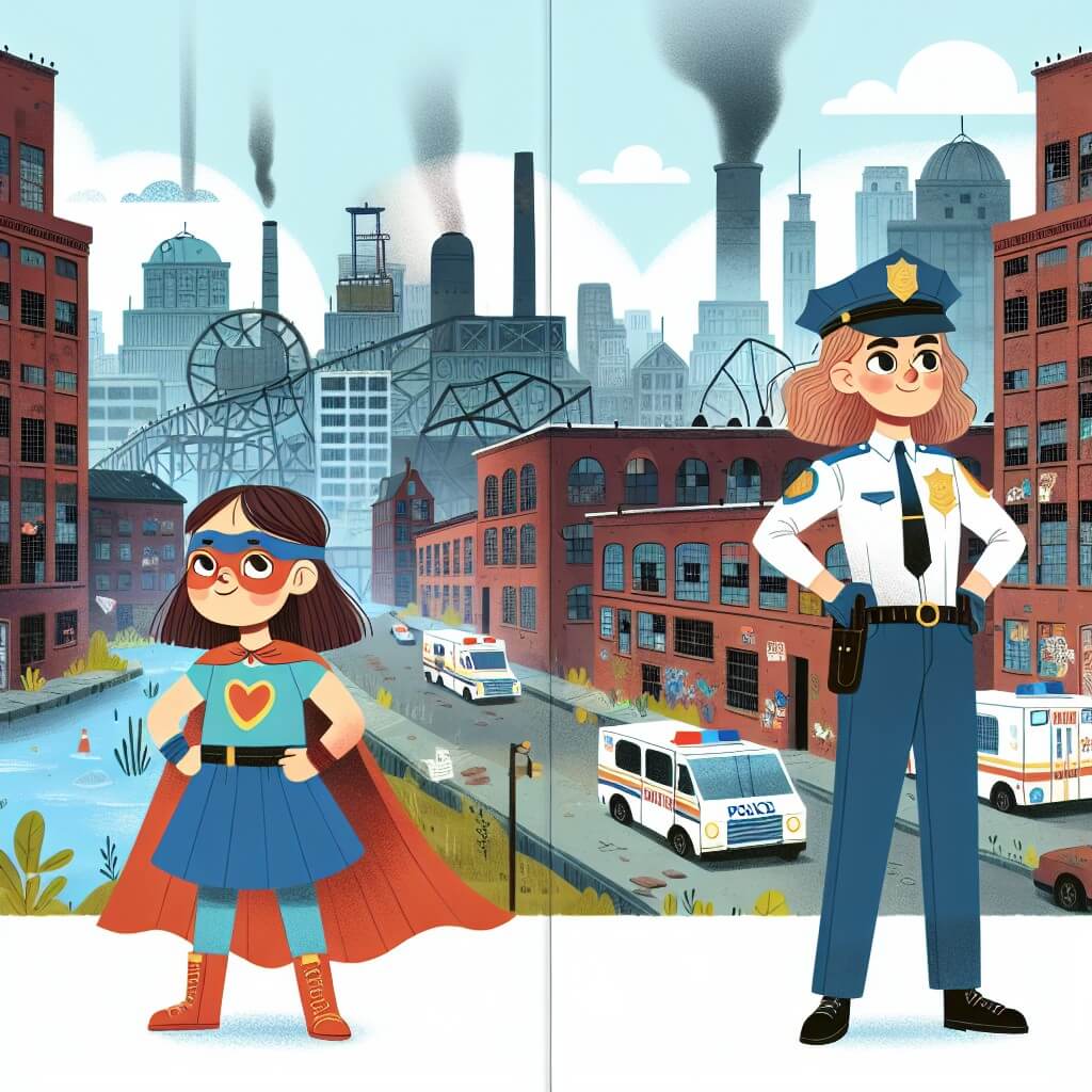 Une illustration destinée aux enfants représentant une jeune femme dotée de pouvoirs extraordinaires, accompagnée d'une policière, qui se tient fièrement devant une vieille usine abandonnée recouverte de graffitis, dans la ville animée de Merveilleville.