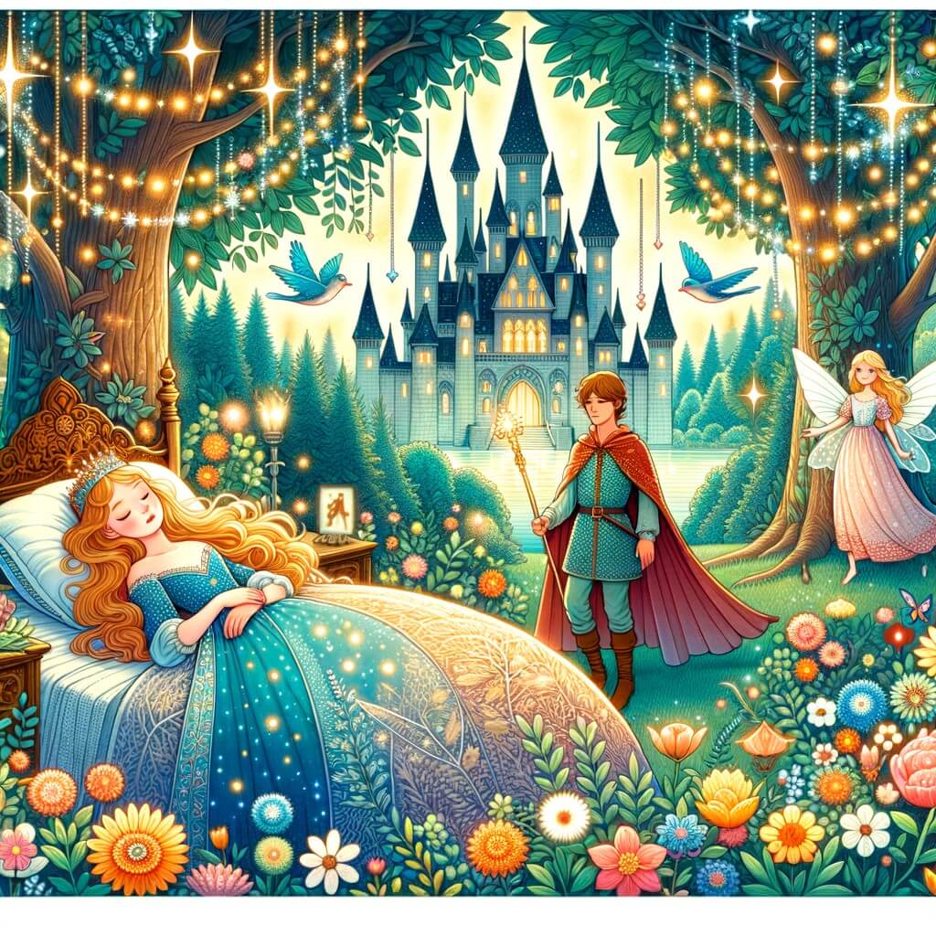 Une illustration destinée aux enfants représentant une jeune princesse endormie depuis des siècles dans un château ensorcelé, accompagnée d'un prince courageux, dans une forêt enchantée où les arbres sont recouverts de fleurs lumineuses aux couleurs chatoyantes.