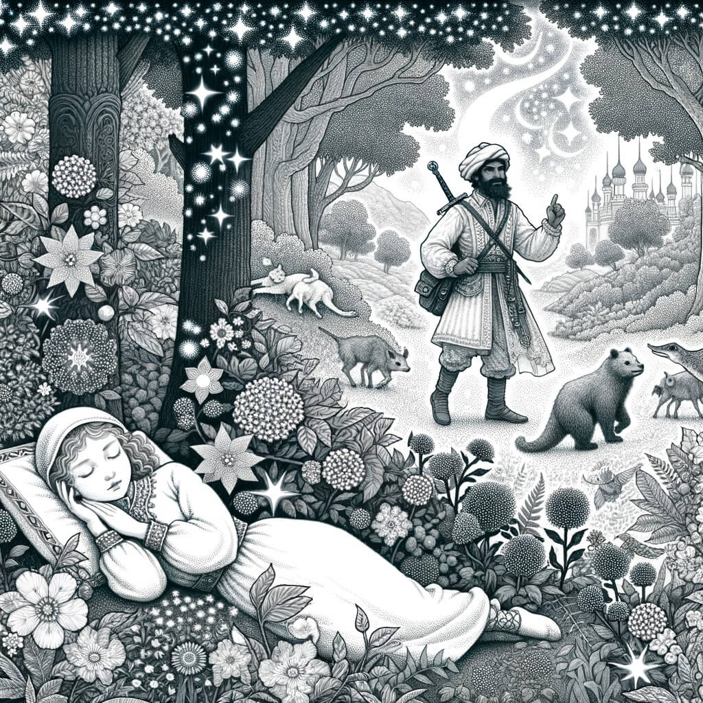 Une illustration pour enfants représentant une jeune fille endormie dans une forêt enchantée qui attend d'être libérée par une personne courageuse.