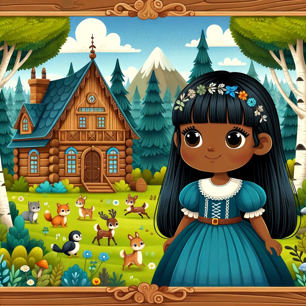 Une illustration destinée aux enfants représentant une jeune fille aux cheveux noirs comme l'ébène, vêtue d'une robe bleue, se tenant devant une magnifique maison en bois au milieu d'une forêt enchantée peuplée d'animaux joyeux et d'arbres majestueux.