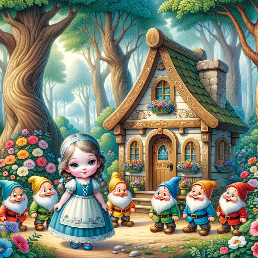 Une illustration destinée aux enfants représentant une jeune fille au teint de porcelaine, vêtue d'une robe bleue, se trouvant dans une charmante petite maison en bois, entourée de sept adorables nains, dans une forêt enchantée aux arbres majestueux et aux fleurs colorées.