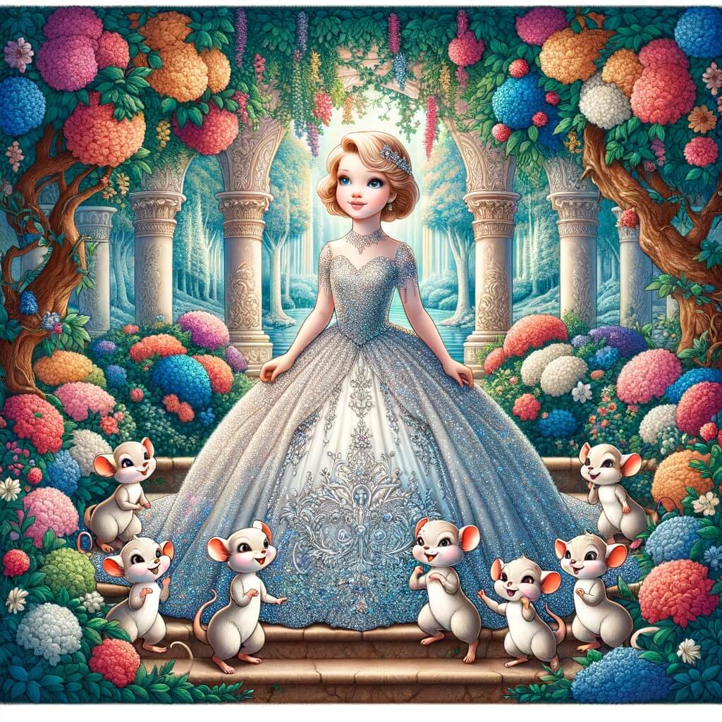 Une illustration pour enfants représentant une jeune princesse, victime de la jalousie de sa belle-mère, se retrouvant dans une forêt enchantée entourée de sept nains bienveillants.