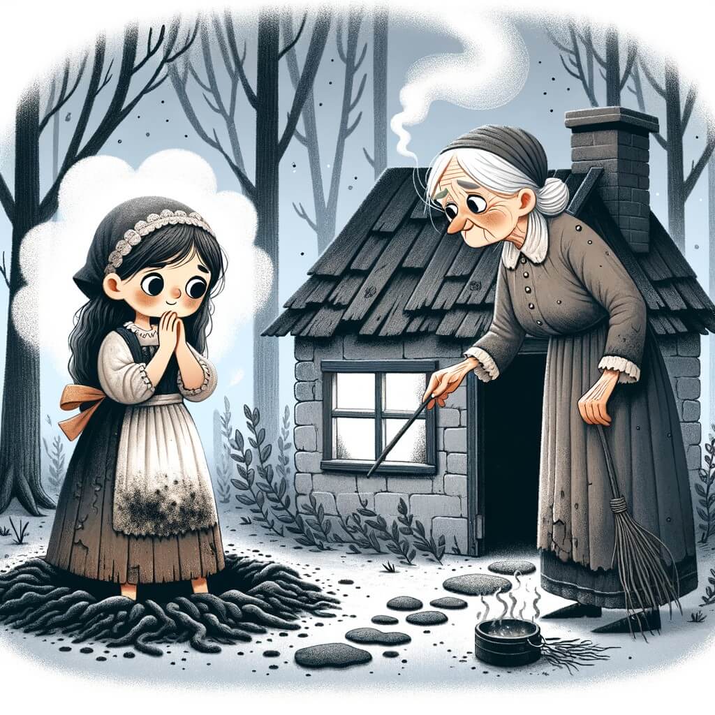 Une illustration destinée aux enfants représentant une jeune fille vêtue d'une robe usée, entourée de cendres, qui rêve d'échapper à sa vie de servitude, avec l'aide d'une mystérieuse vieille dame, dans une petite maison grise et triste, cachée au milieu d'une forêt enchantée.
