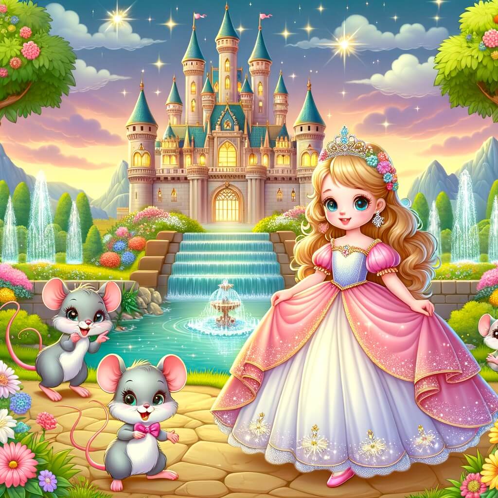 Une illustration destinée aux enfants représentant une jeune fille au cœur pur, vêtue d'une robe lumineuse, aidée par des souris malicieuses, dans un magnifique château entouré de jardins enchantés et de fontaines scintillantes.