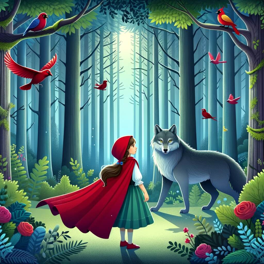 Une illustration destinée aux enfants représentant une jeune fille portant une cape rouge vif, se trouvant face à un loup rusé, dans une forêt dense et mystérieuse remplie d'arbres majestueux et d'oiseaux colorés.