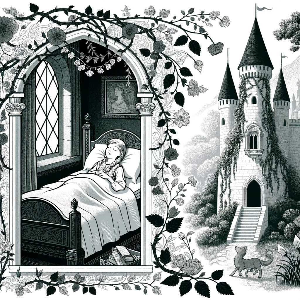 Une illustration destinée aux enfants représentant une jeune fille endormie dans une chambre perchée au sommet d'un château envahi par des ronces, attend patiemment le baiser d'un prince charmant pour briser sa malédiction.