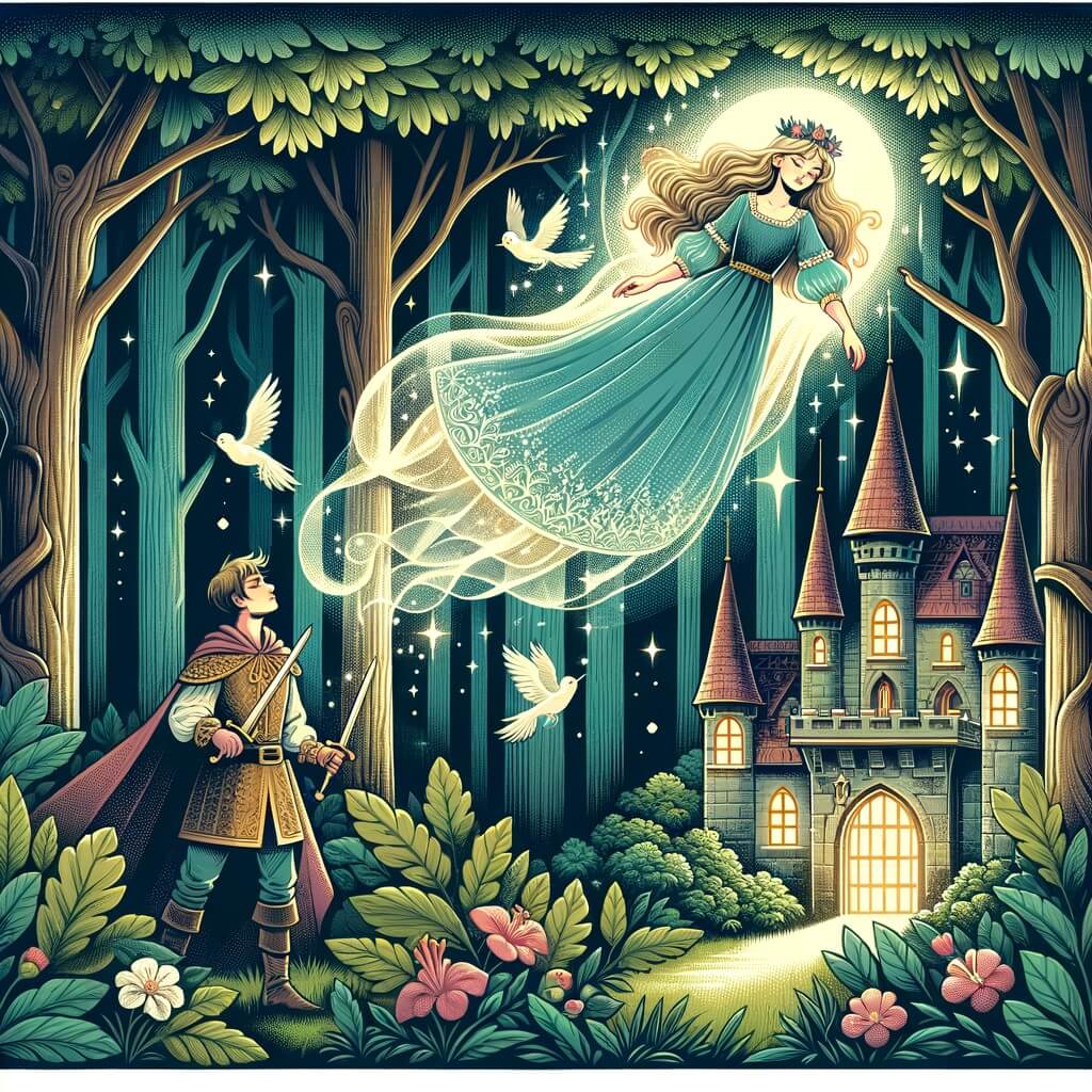 Une illustration destinée aux enfants représentant une jeune fille endormie, enveloppée d'une aura magique, dans un château ensorcelé au cœur d'une forêt dense, tandis qu'un courageux prince brave les dangers pour la réveiller et briser la malédiction.
