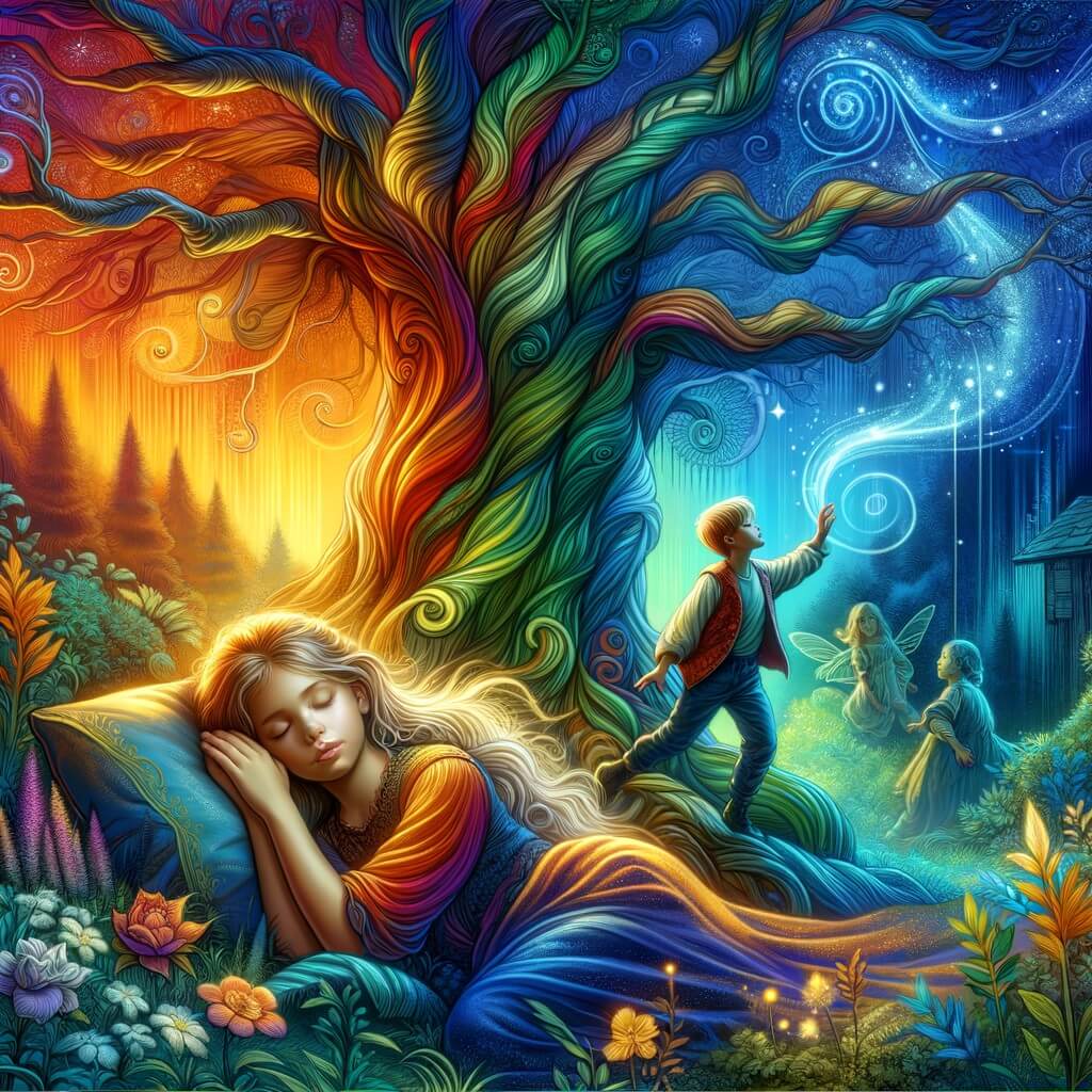 Une illustration pour enfants représentant une jeune fille endormie depuis cent ans sous un arbre dans un royaume où la beauté est la seule qualité valorisée.