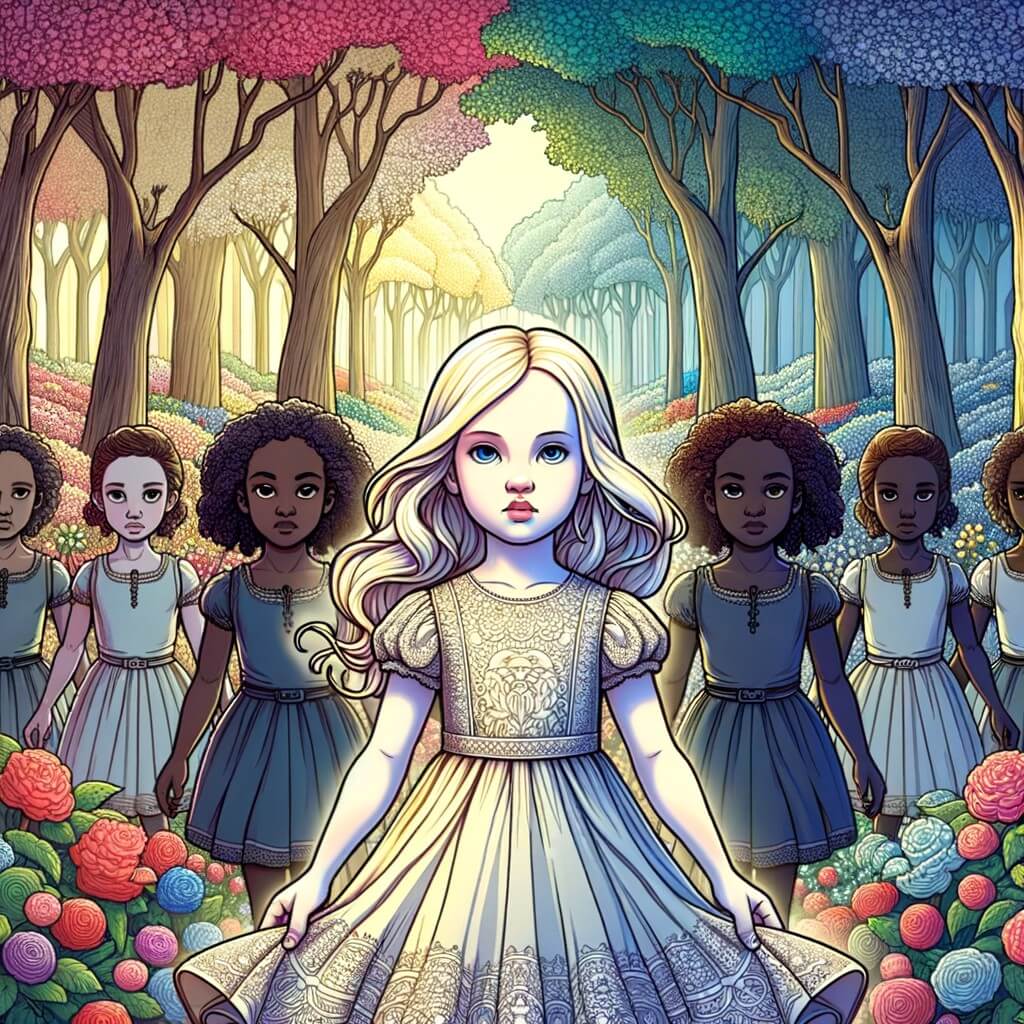 Une illustration destinée aux enfants représentant une jeune fille au teint de porcelaine, entourée de sept rebelles, dans une forêt enchantée où les arbres ressemblent à des bonbons colorés et les fleurs brillent comme des étoiles.