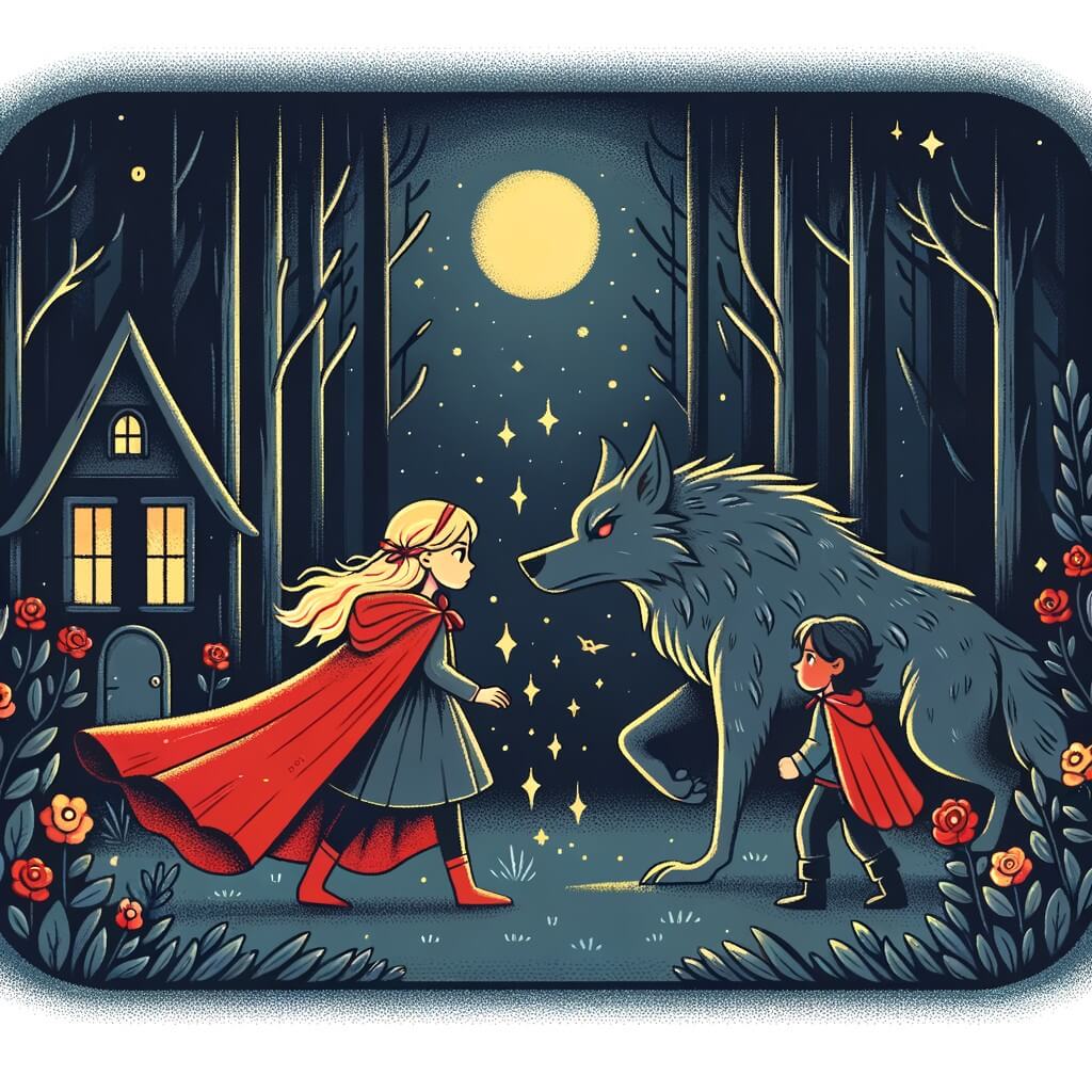 Une illustration destinée aux enfants représentant une jeune fille vêtue d'une cape rouge, confrontée à un loup menaçant dans une sombre forêt enchantée, avec un jeune garçon courageux à ses côtés, dans une petite maison en bordure de la forêt.