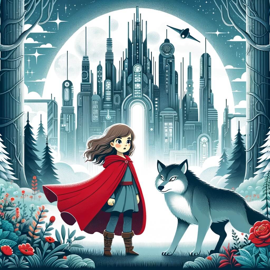 Une illustration destinée aux enfants représentant une jeune fille intrépide vêtue d'une cape rouge, se tenant devant une mystérieuse forêt enchantée où elle rencontre un loup rusé, dans un monde futuriste rempli de gratte-ciel et de voitures volantes.