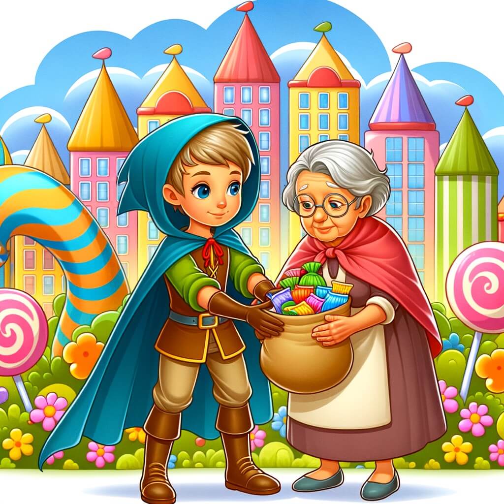 Une illustration destinée aux enfants représentant un jeune aventurier malin, vêtu d'un costume coloré et portant une cape, qui aide une vieille dame à porter ses sacs de courses dans une ville animée et colorée, remplie de bâtiments en forme de bonbons et de fleurs géantes.