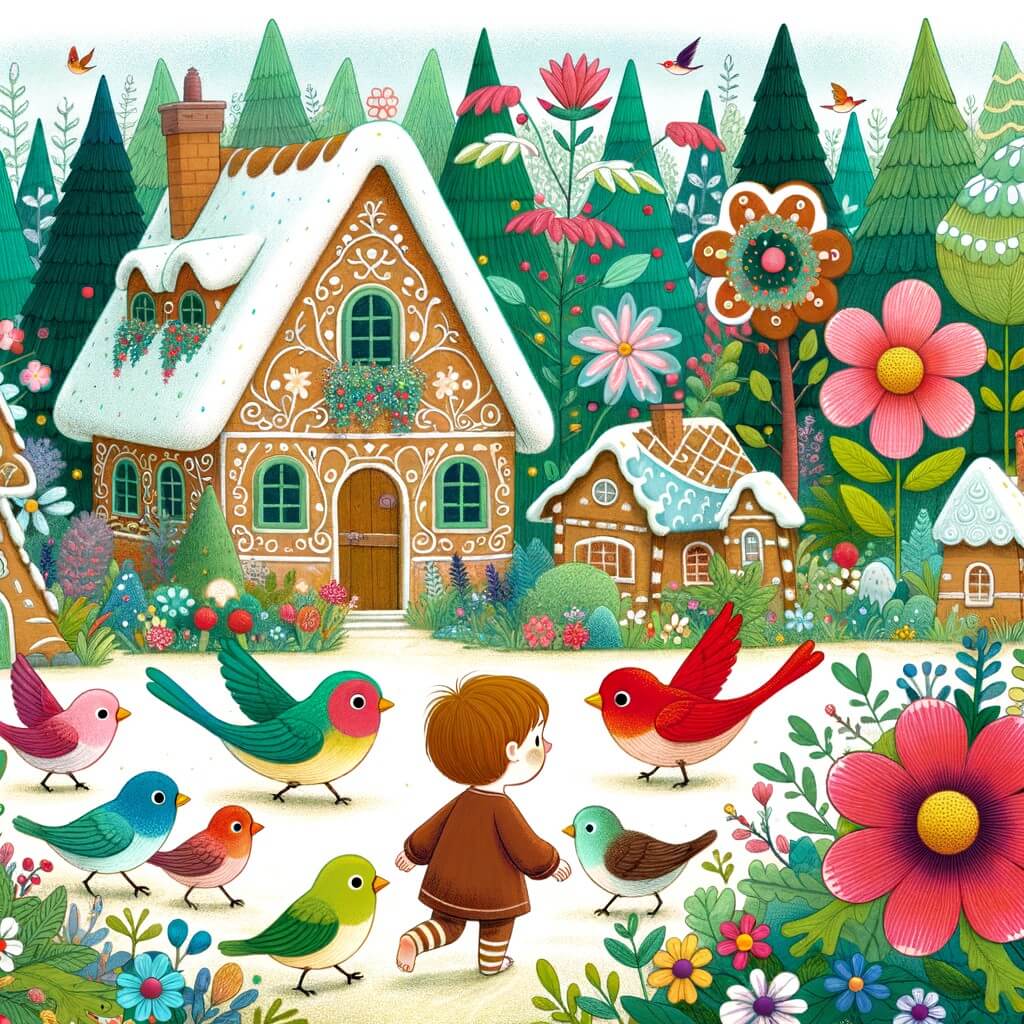 Une illustration destinée aux enfants représentant un(e) jeune garçon/fille minuscule, perdu(e) dans une forêt enchantée, accompagné(e) d'un groupe d'oiseaux colorés, dans un village pittoresque entouré de maisons en pain d'épice et de fleurs géantes.