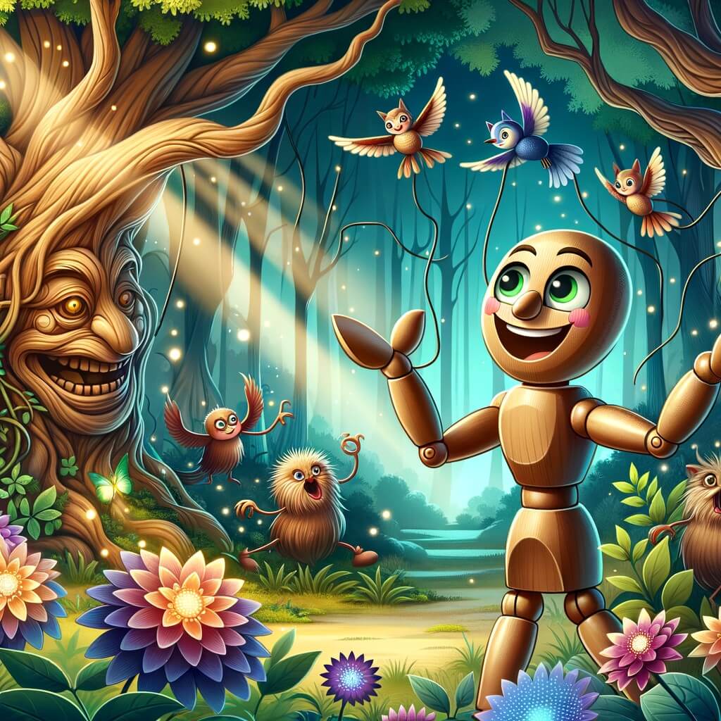 Une illustration destinée aux enfants représentant une marionnette en bois au sourire espiègle, confrontée à des épreuves et entourée de créatures fantastiques, dans une forêt enchantée aux arbres majestueux et aux fleurs lumineuses.