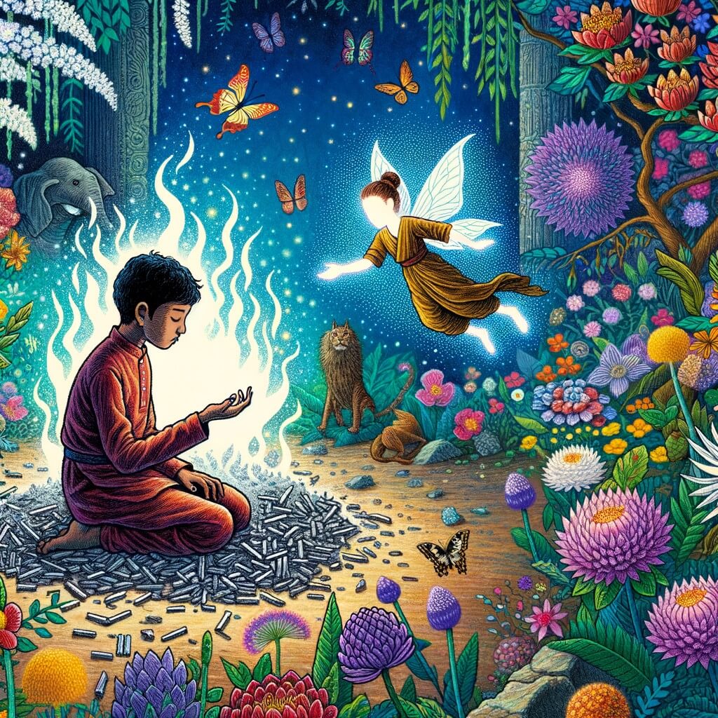 Une illustration destinée aux enfants représentant une jeune fille au cœur brisé, entourée de cendres, qui rencontre une fée magique dans un jardin fleuri où les papillons virevoltent.