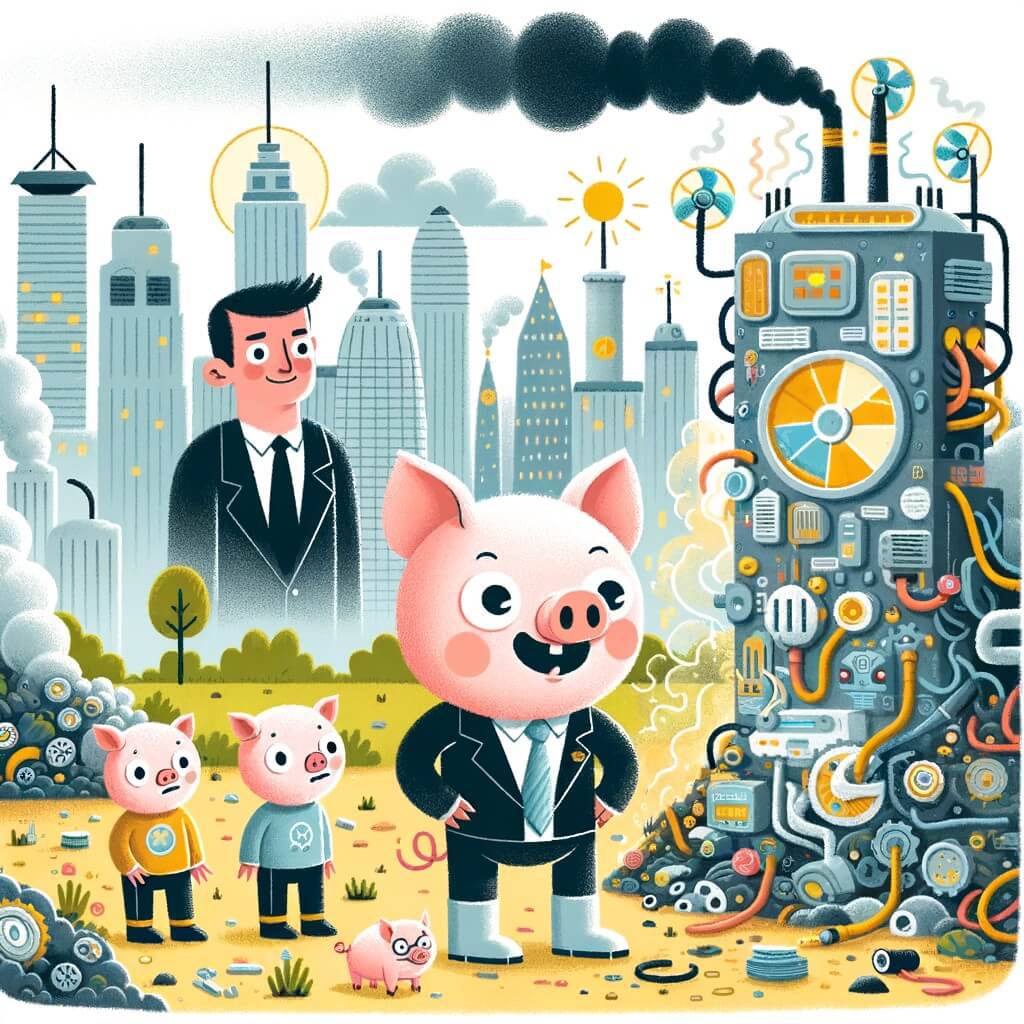 Une illustration pour enfants représentant trois petits cochons futuristes qui tentent de sauver leur ville polluée en construisant des maisons écologiques et en créant des machines non polluantes dans un monde rempli de gratte-ciel bruyants.