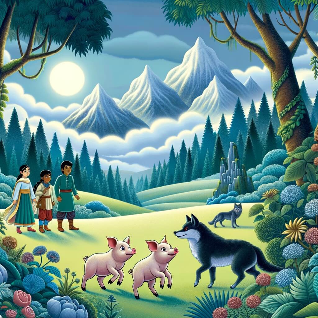 Une illustration destinée aux enfants représentant un adorable trio de cochons courageux, confrontés à des loups redoutables, dans un magnifique paysage de prairies verdoyantes entourées d'une mystérieuse forêt enchantée.
