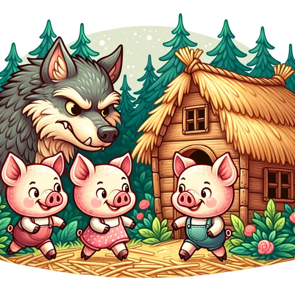 Une illustration destinée aux enfants représentant trois adorables petits cochons courageux, vivant dans une charmante maisonnette en paille au milieu d'une forêt magique, faisant face à un loup féroce et rusé.