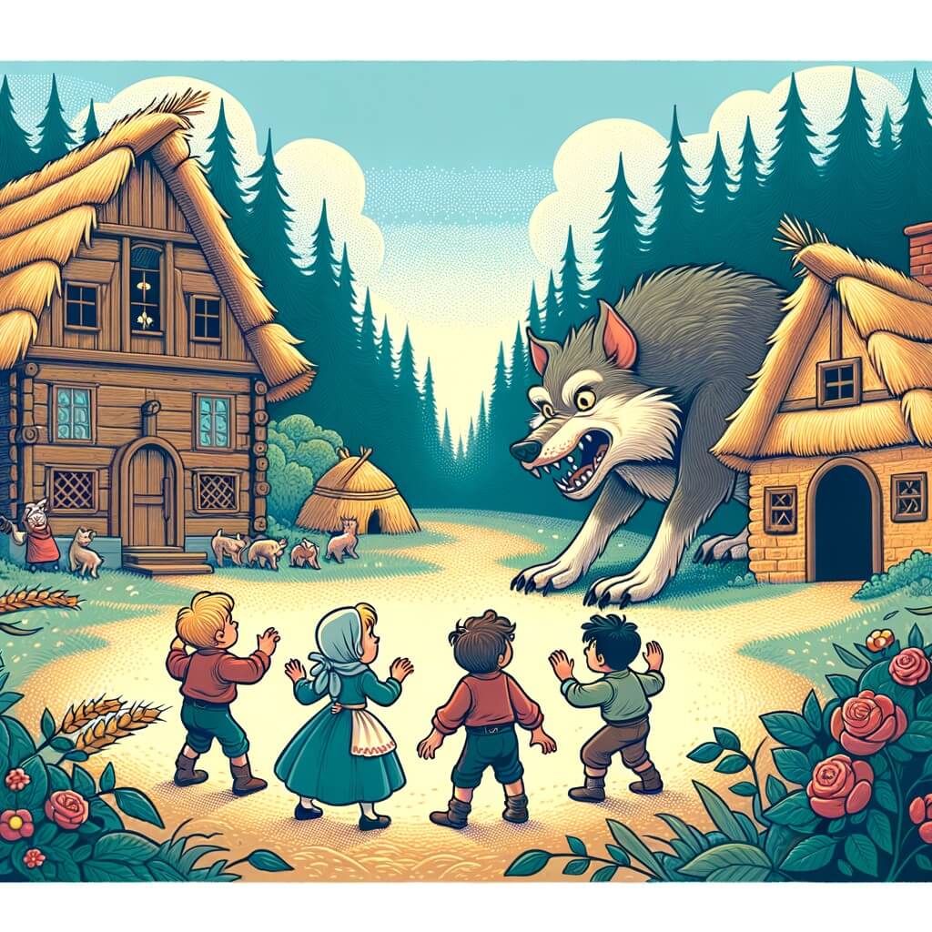 Une illustration destinée aux enfants représentant un adorable trio de petits cochons, confrontés à un loup affamé, dans un charmant village en bordure d'une forêt dense, où ils construisent des maisons en paille, en bois et en brique pour échapper au vent violent.