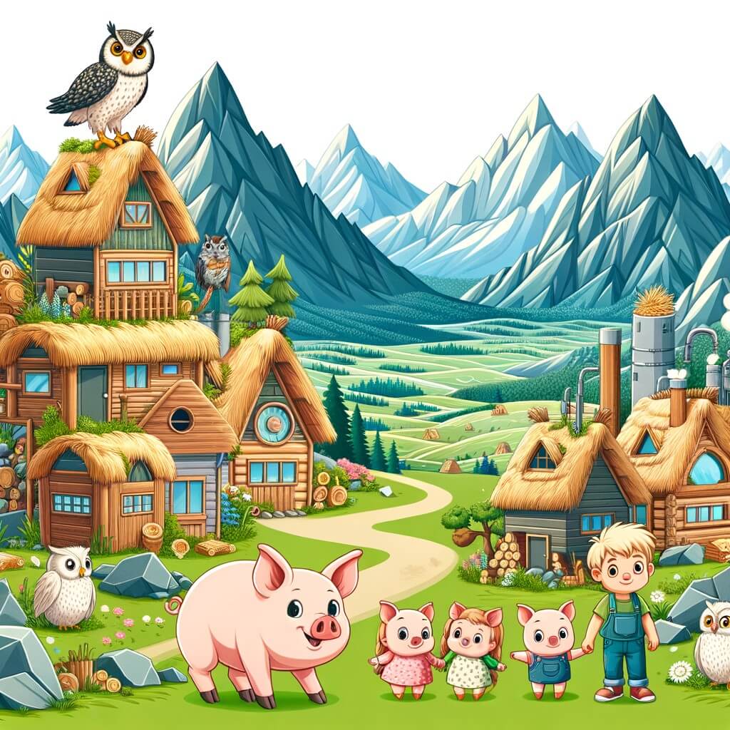 Une illustration pour enfants représentant trois adorables cochons, confrontés à un loup futuriste, dans un monde où la technologie règne, cherchant à construire des maisons respectueuses de l'environnement, dans un village modèle.