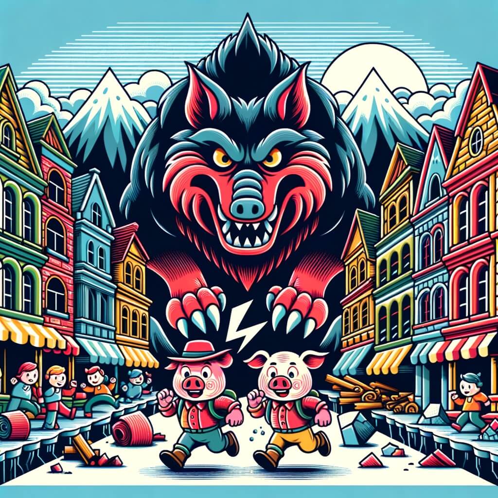 Une illustration destinée aux enfants représentant un trio de joyeux cochons aventuriers, confrontés à un grand méchant loup, dans une ville colorée et animée où les immeubles vacillent sous les tremblements de terre.