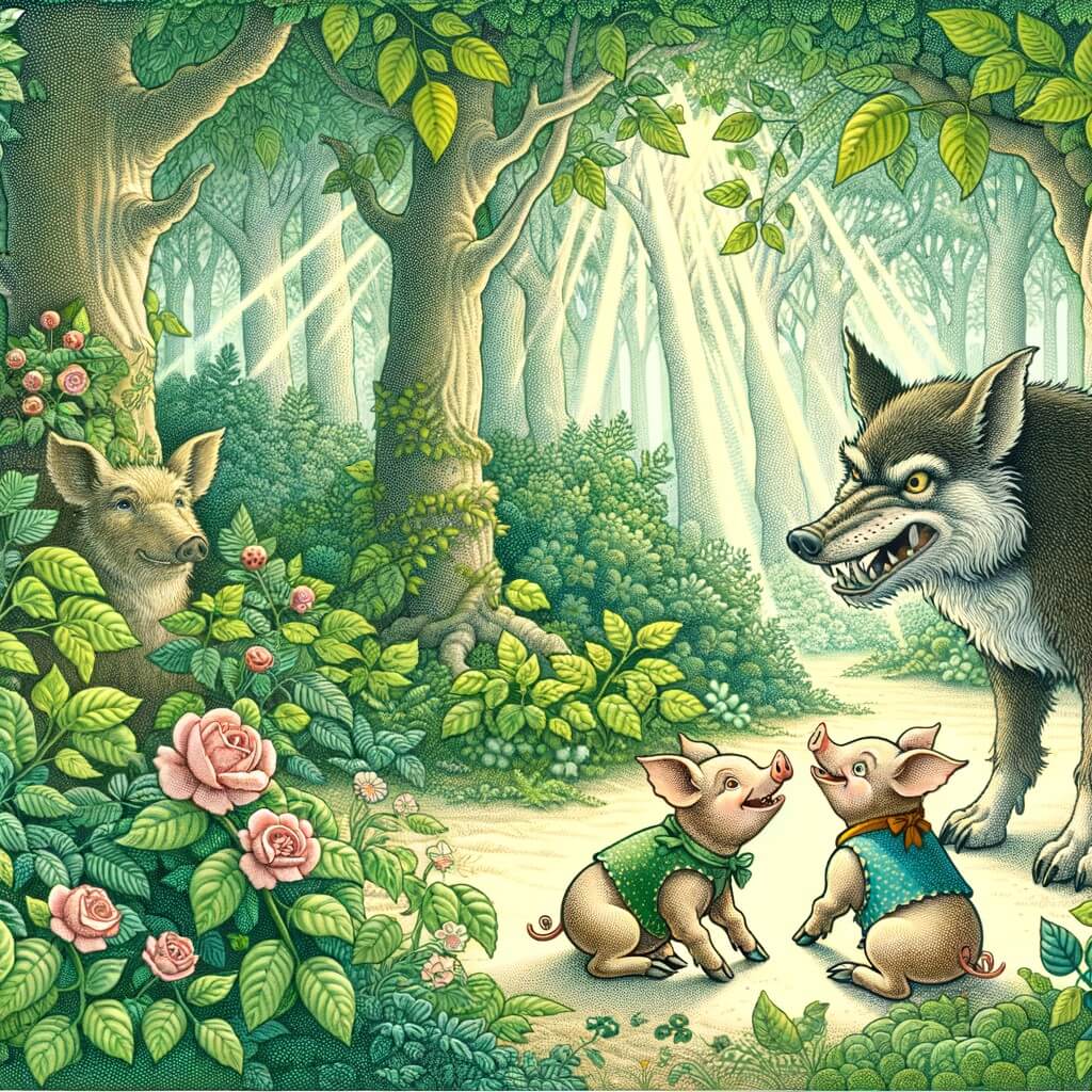 Une illustration destinée aux enfants représentant un adorable trio de frères cochons, confrontés à un loup affamé, dans une forêt dense et verdoyante où les rayons du soleil filtrent à travers les feuilles.