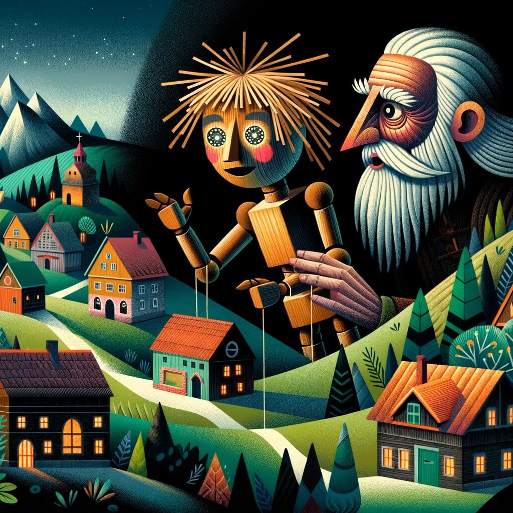 Une illustration destinée aux enfants représentant une marionnette en bois, aux cheveux de paille et aux yeux étincelants, qui se retrouve dans un monde sombre et mystérieux, accompagnée d'un vieux menuisier bienveillant, dans un village pittoresque entouré de collines verdoyantes et de maisons colorées.