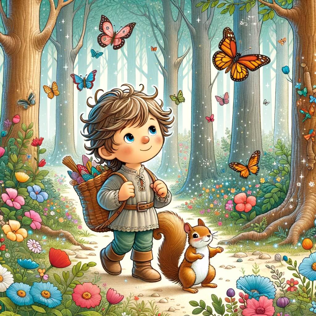 Une illustration pour enfants représentant un petit pantin de bois avec un nez qui s'allonge, qui découvre un monde fascinant au-delà de la forêt où il est né.