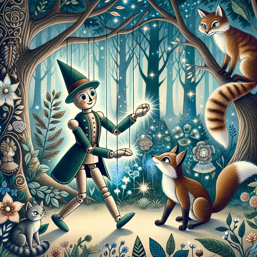 Une illustration destinée aux enfants représentant un petit pantin en bois, animé par la magie, qui se retrouve perdu dans un monde enchanté, accompagné d'un chat rusé et d'un renard malicieux, dans une forêt enchantée aux arbres majestueux et aux fleurs lumineuses.