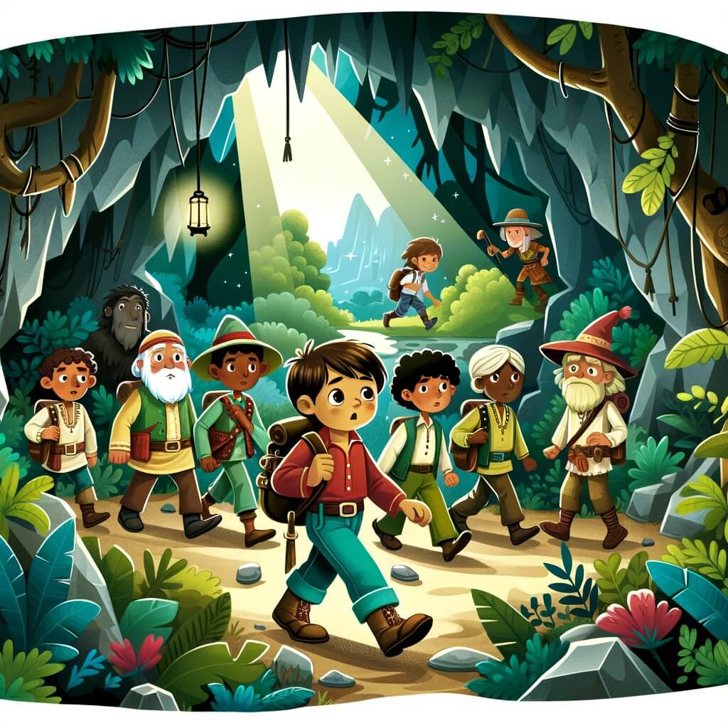 Une illustration destinée aux enfants représentant un jeune explorateur intrépide, accompagné de ses amis, découvrant une grotte mystérieuse cachée au cœur d'une forêt dense, remplie de passages sombres et de tunnels secrets.