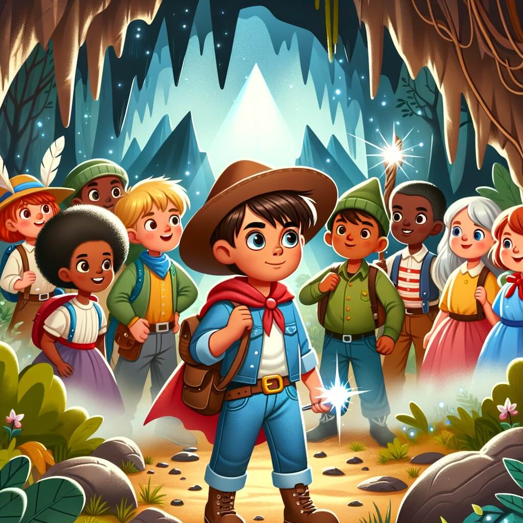 Une illustration destinée aux enfants représentant un petit garçon intrépide, accompagné de ses amis, découvrant une grotte mystérieuse au cœur d'une forêt enchantée, où ils affronteront différents dangers pour trouver un trésor étincelant.