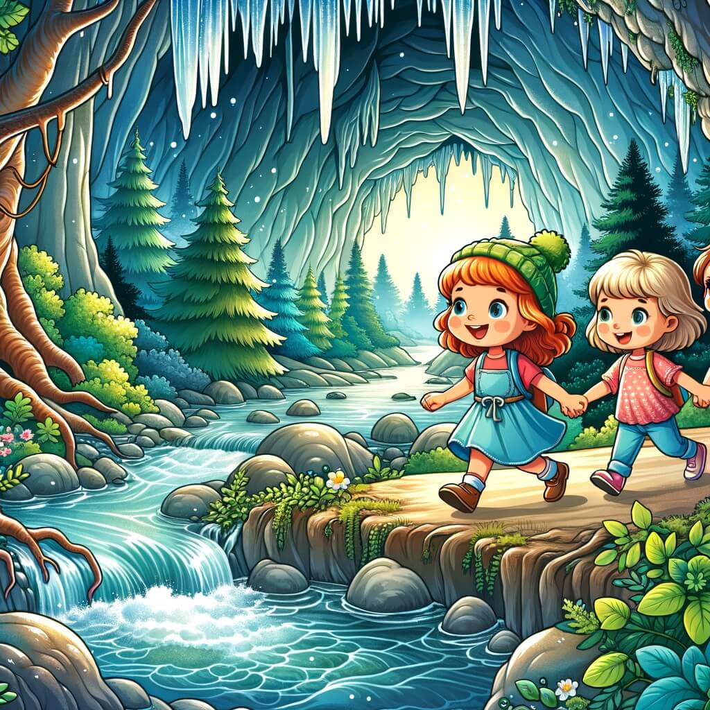 Une illustration pour enfants représentant une petite fille intrépide, faisant face à des défis dans une grotte mystérieuse, située au cœur d'une forêt enchantée.