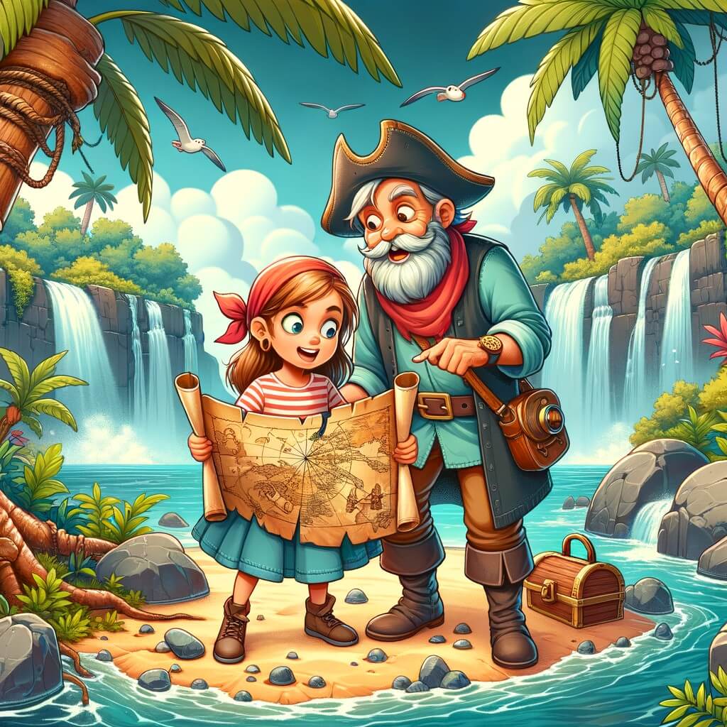 Une illustration destinée aux enfants représentant une petite fille intrépide, découvrant une carte au trésor sur une île mystérieuse, accompagnée de son fidèle grand-père, entourée de palmiers, de cascades et de rochers géants.